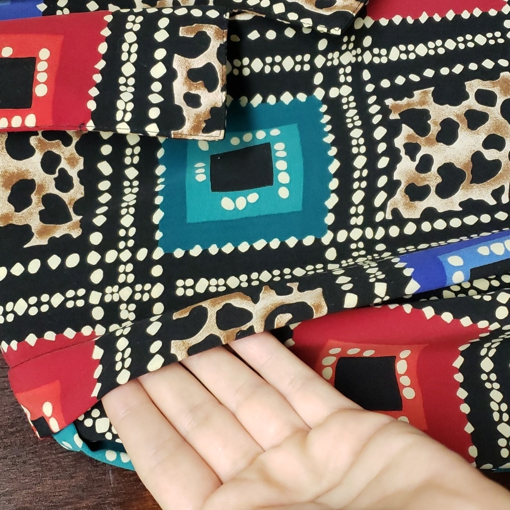 90s Geometric Color Block Leopard Print Blouse Sz… - image 8